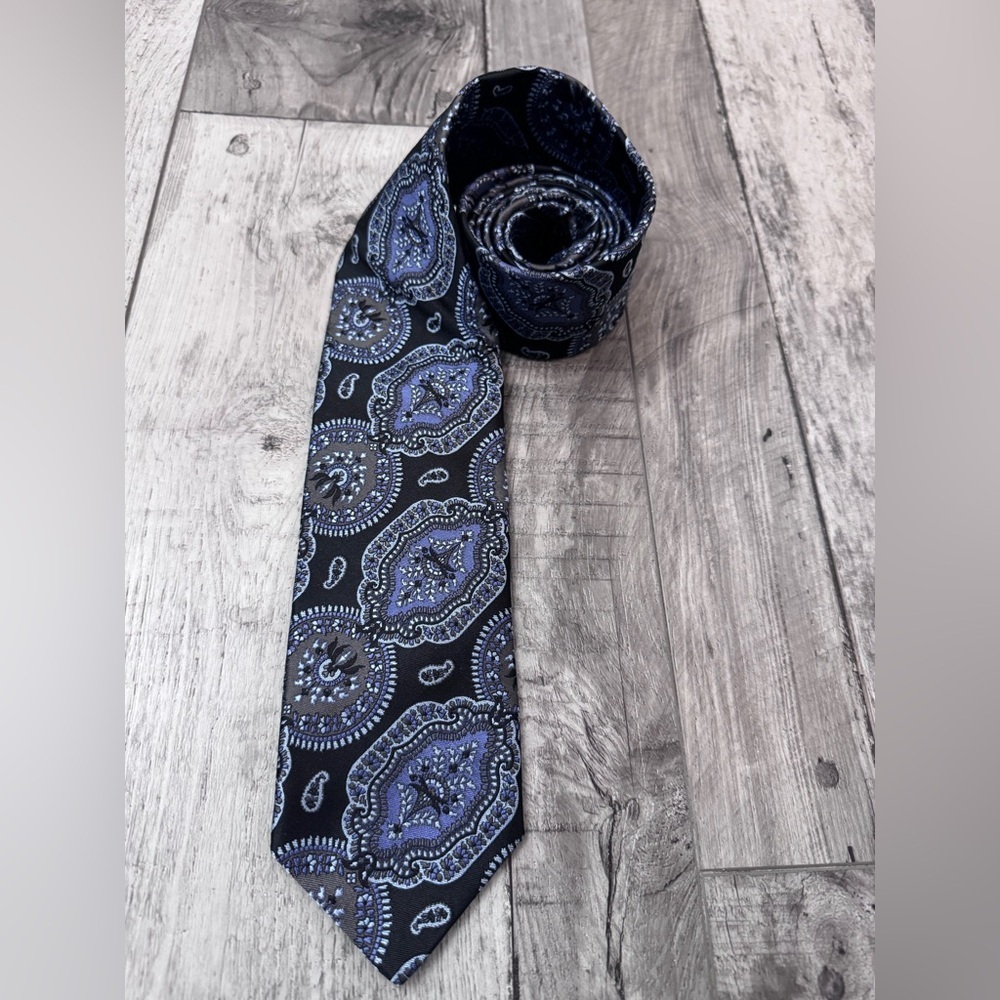 Robert Talbott Men's Silk Tie Black Blue Gold Geometric Hand Sewn Designer Woven